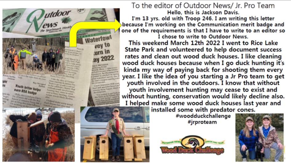 Outdoor News Letter To The Editor by JPT member Jackson Davis who helped build, install and maintain Wood Duck Nesting boxes to earn his Boy Scout levels. 