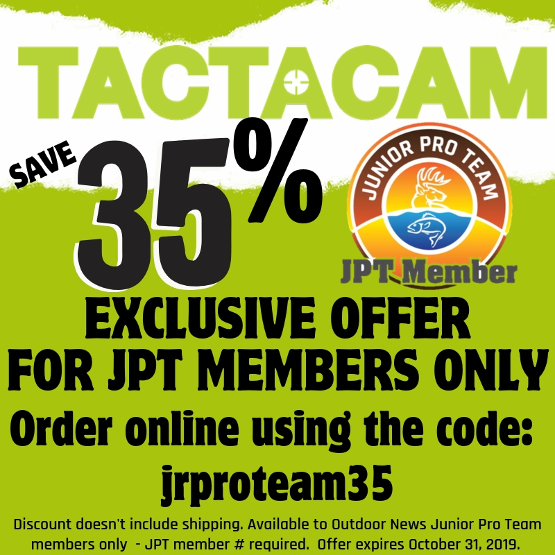 Exclusive offer for Junior Pro Team members to save 35% off sitewide at Tactacam.com Expires Oct. 31, 2019